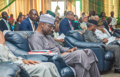 Hon. Min of Defence, Mansur Dan Ali (L); Secretary to the Government of the Federation, Boss Mustapha (2L); Vice President, Yemi Osinbajo(3L) and Hon. Min of Information & Culture; Lai Mohammed.