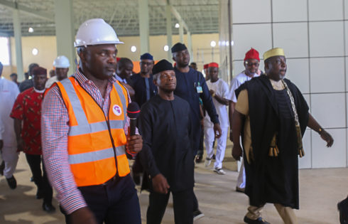 VP Osinbajo with Gov. Imo state, Owelle Rocha's Okorocha as he nspects the on going international cargo Airport in Owerri.