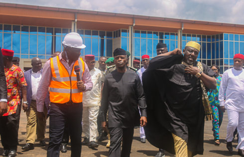 VP Osinbajo with Gov. Imo state, Owelle Rocha's Okorocha as he nspects the on going international cargo Airport in Owerri.