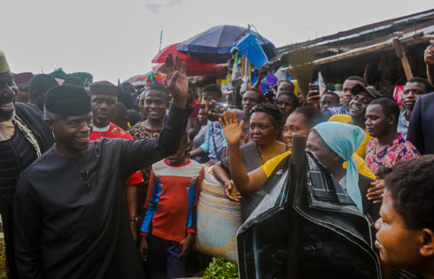 VP Osinbajo acknowledges cheers from crowd.