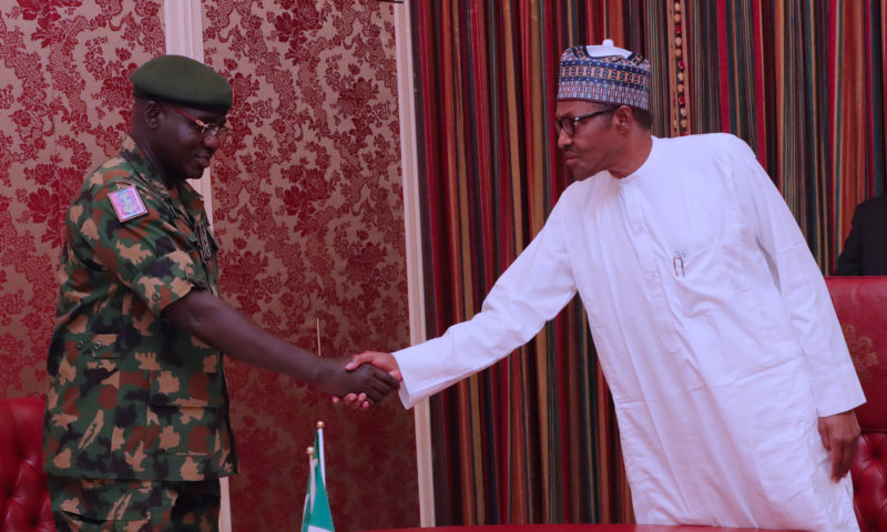 PRESIDENT BUHARI MEETS ARMY  BURATAI 1. President Muhammadu Buhari meets the Chief of Army Staff, Lt General T.Y Buratai one-on-one at the State House in Abuja. PHOTO; SUNDAY AGHAEZE. SEPT 21 2018.