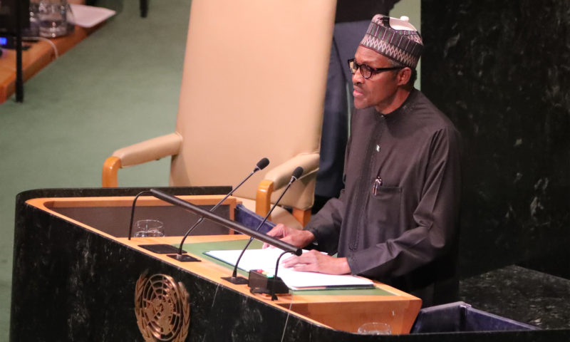 PRESIDENT BUHARI SPEAKS AT THE UNGA73 PIX 1A&B. President Muhammadu Buhari speaking at the United National General Assembly 73 Session in New York. PHOTO; SUNDAY AGHAEZE. SEPT 25 2018.