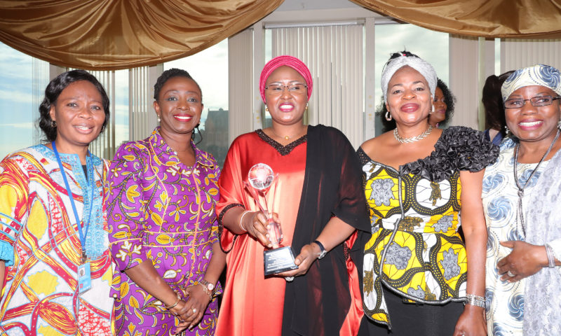 WIFE OF THE PRESIDENT RECEIVES AWARD 1; Wife of the President Dr (Mrs) Aisha Muhammadu Buhari addresses the participants during the award recognizing her outstanding public service and human development especially Women and Children held at the Nigerian mission alongside the UNGA73 New York. Sept 27, 2018,