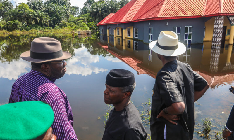 Vice President Yemi Osinbajo, SAN, visits flooded areas in Bayelsa and Rivers State respectively.