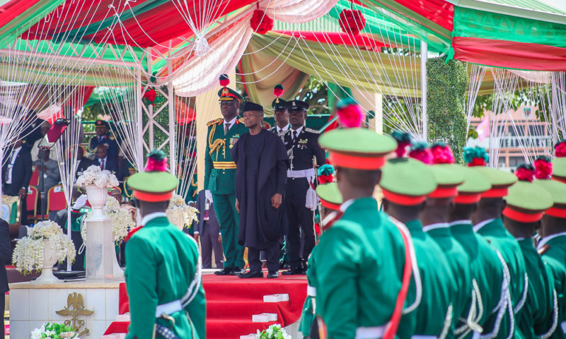 VP Osinbajo at the Passing out Parade of , commissioning and oath taking ceremony in honour of Cadets of 65 Regular Course (Army) and 66 Regular Course (Navy & Airforce) at the Nigerian Defence Academy (NDA), Kaduna. 6th October, 2018.