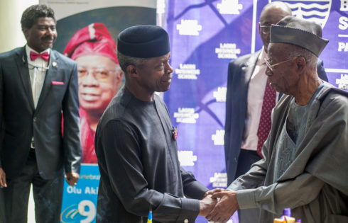 VP Osinbajo with celebrant & guest of Honour, Chief Olu Akinkugbe.