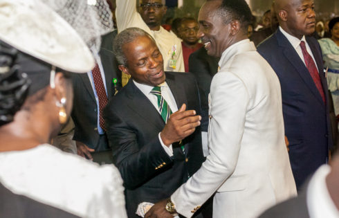 VP Osinbajo with Former President of Nigeria, Dr. Goodluck Jonathan (left) and Speaker House of Rep., Hon. Dogara Yakubu at the Dunamis International Gospel Centre.