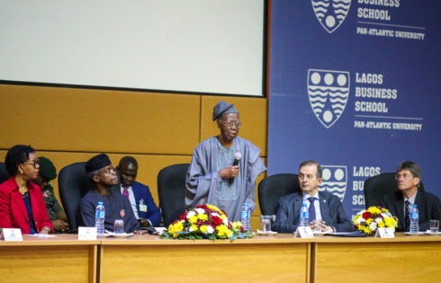 VP Osinbajo with Vice Chancellor, Pan-Atlantic University, Prof. Juan Elegido (right) and Dean Lagos Business School, Dr. Enase Okonedo (left) & Ag. Dean Faculty of Law Univ. Cape Town, Prof. Hugh Corder (1st right); as they listen to celebrant & guest of Honour, Chief Olu Akinkugbe during the conference.