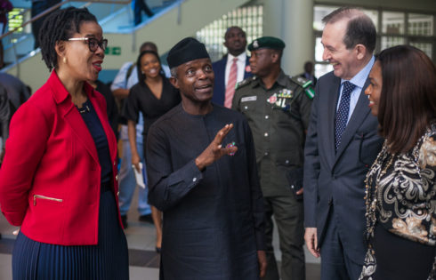 VP Osinbajo flanked by Vice Chancellor, Pan-Atlantic University, Prof. Juan Elegido (right) and Dean Lagos Business School, Dr. Enase Okonedo (left).