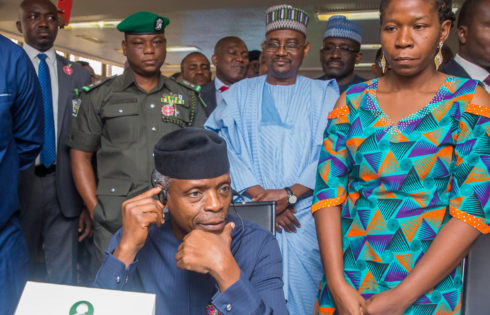 VP Osinbajo receives call from Trader Moni intending beneficiaries, Peter Kefas, a clothing vendor in Mandate Market, Ilorin and Abosede Adedoye, a food vendor in Mushin, Lagos State assuring them that having been enumerated, they would soon be receiving their loans.