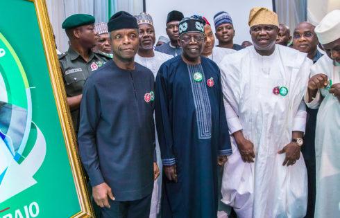 VP Osinbajo with APC National Leader, Asiwaju Bola Ahmed Tinubu (1R); Gov. of Lagos state,  Mr. Akinwunmi Ambode (2R).