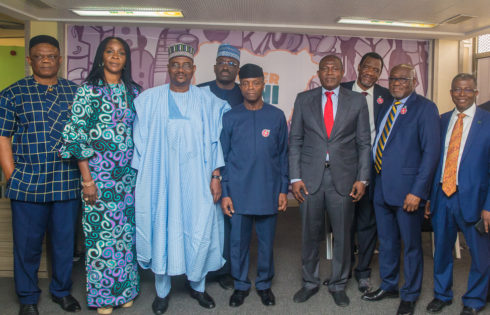 VP Osinbajo with Board members of Trader Moni - Chairman of Bank of Industry, Mr. Abdulraman Dikko;(1L); Managing Director, Mr. Olukayode A. Pitan; Executive Director - Micro Enterprise, Mrs. Toyin Adeniji (2L); Director Bank of Industry, Mr. Femi Edun (2R); Executive Director - Large Enterprise, Mr. Simon Arononu (R); Director - Bank of Industry, Mr Chukwuemeka Nzewi (L).