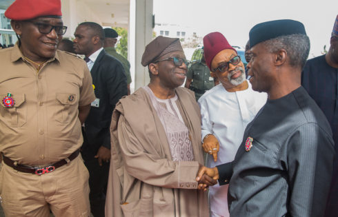 VP Osinbajo with Min. of Health, Prof. Isaac Adewole; flanked by Min. Labour & Employment, Chris Ngige and Min. of Youth & Sport, Solomon Dalong as He arrives National Assembly.