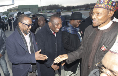 PRESIDENT BUHARI DEPARTS 5A. PRESIDENT BUHARI, NSA MAJ GEN BABAGANA MONGUNO, KOGI STATE GOV YAHAYA BELLO, ENUGU STATE GOV RT HON IFEANYI UGWUANYI AND NIGER STATE GOV ABUBAKAR SANI BELLO AS DEPARTS MILITARY BASE, BALICE-KRAKOW, INTERNATIONAL AIRPORT, FOR ABUJA AFTER COMPLETING A SUCCESFUL FIVE DAY-VISIT TO POLAND, WHERE HE ATTENDED THE UN CLIMATE CHANGE CONFERENCE, COP24. PHOTO; SUNDAY AGHAEZE. DEC 5 2018.