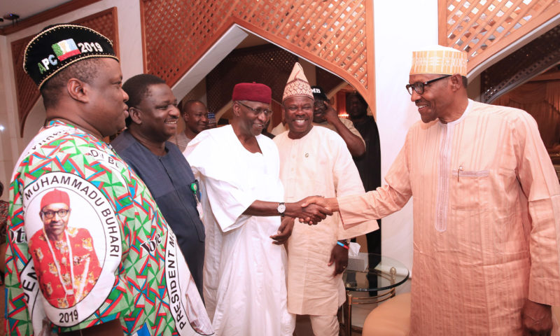 PRESIDENT BUHARI WITH STAFFERS AS HE WAS DECLARED THE WINNER FOR 2019 PRESIDENTIAL ELECTION.