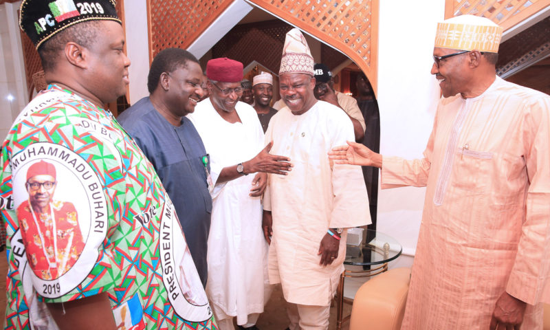 PRESIDENT BUHARI WITH STAFFERS AS HE WAS DECLARED THE WINNER FOR 2019 PRESIDENTIAL ELECTION.