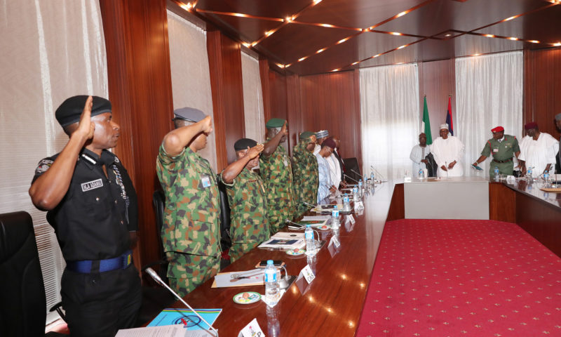 PRESIDENT BUHARI PRESIDES SECURITY MEETING President Muhammadu Buhari Presides Security meeting at the State Abuja. PHOTO; SUNDAY AGHAEZE. FEB 19 2019