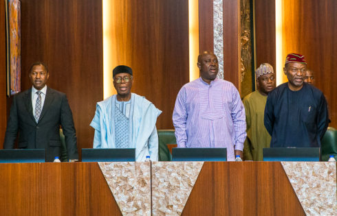 Min. of Justice, Abubakar Malami; Min. of Agriculture, Audu Ogbeh; Min. of State for Agriculture, Sen. Heineken Lokpobiri; & Min. of Budget & Planning, Sen. Udoma Udo Udoma.