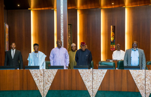 Min. of Justice, Abubakar Malami; Min. of Agriculture, Audu Ogbeh; Min. of State for Agriculture, Sen. Heineken Lokpobiri; Min. of Budget & Planning, Sen. Udoma Udo Udoma & Min. of Communication, Dr. Adebayo Shittu.