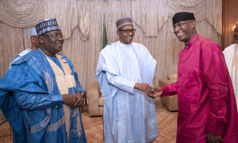 PRESIDENT BUHARI RECEIVES THE NEWLY ELECTED SENATE PRESIDENT LAWAN AND DSP OMO-AGEGE. JUNE 11 2019